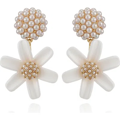 Guess Imitation Pearl Flower Drop Earrings In Gold