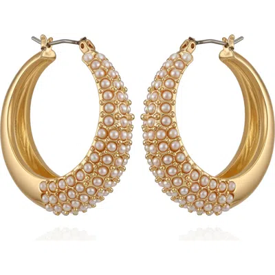 Guess Imitation Pearl Hoop Earrings In Gold