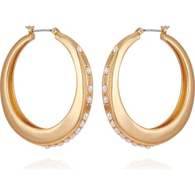 Guess Imitation Pearl Hoop Earrings In Gold