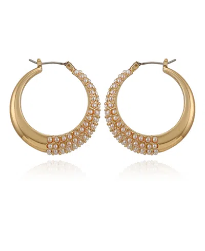 Guess Imitation Pearl Pave Hoop Earrings In Gold