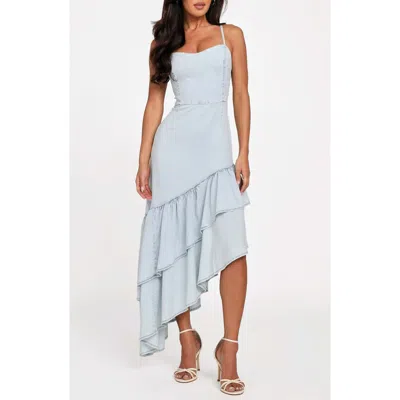 Guess Jalyn Tiered Asymmetric Hem Denim Dress In Blue