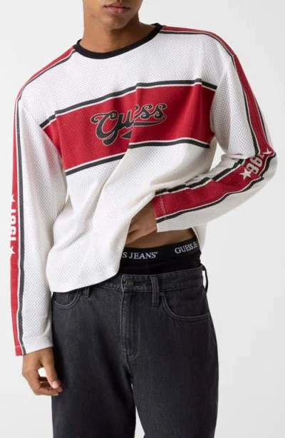Guess Jeans Boxy Fit Long Sleeve Logo Stripe Mesh T-shirt In White