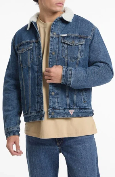 Guess Jeans Denim Trucker Jacket With Faux Shearling Collar In Blue