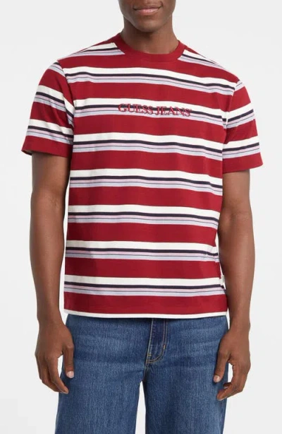 Guess Jeans Embroidered Logo Stripe Organic Cotton T-shirt In Red
