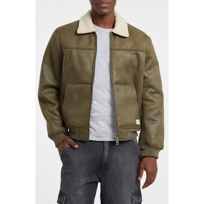 Guess Jeans Faux Leather & Faux Shearling Bomber Jacket In Green