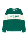 Guess Jeans Men's Stripe Crewneck Logo Sweatshirt In Green