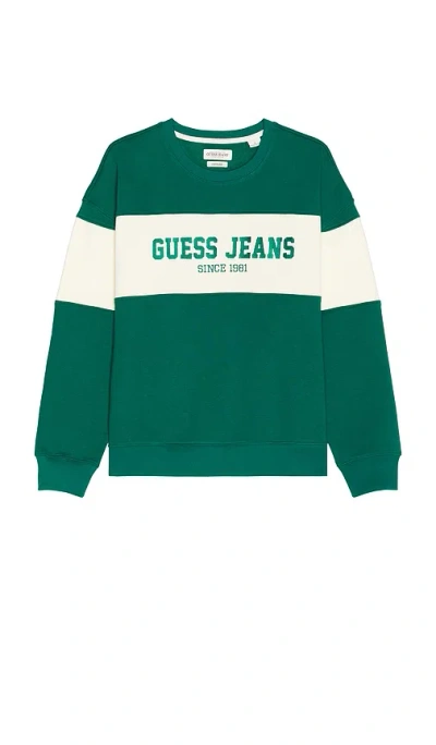 Guess Jeans Men's Stripe Crewneck Logo Sweatshirt In Eternal Green