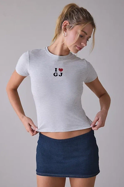 Guess Jeans I Heart Gj Graphic Short Sleeve Baby Tee In Grey, Women's At Urban Outfitters In Blue