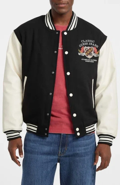 Guess Jeans Letterman Varsity Bomber Jacket In Black