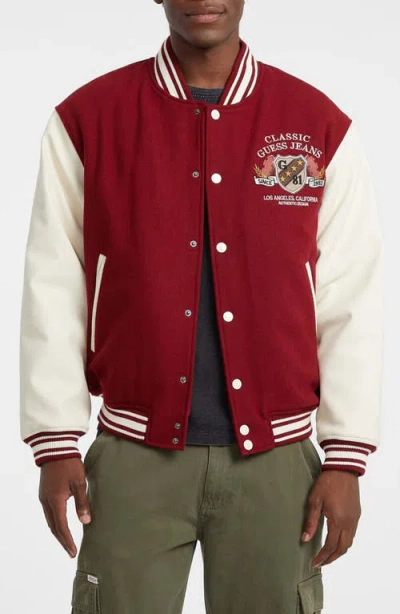 Guess Jeans Letterman Varsity Bomber Jacket In Red