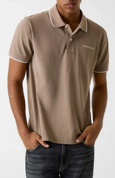 Guess Jeans Logo Embroidered Tipped Polo In Brown