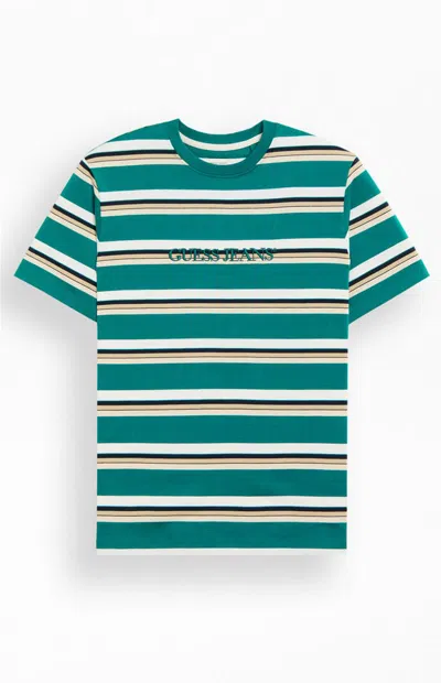 Guess Jeans Men's Striped Embroidered T-shirt In Green