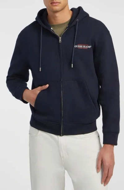 Guess Jeans Regular Fit Embroidered Logo Zip Hoodie In Blue