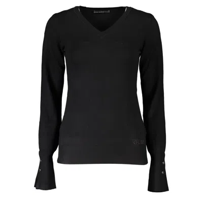 Guess Jeans Sleek V-neck Embroidered Sweater In Black