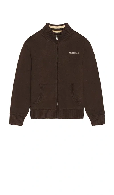 Guess Jeans Zipped Sweater In Brown