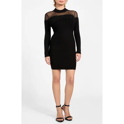 Guess Jeena Embellished Long Sleeve Rib Minidress In Black