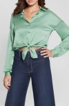 Guess Jun Satin Tie Hem Button-up Shirt In Green