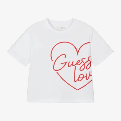 Guess Kids' Junior Girls White Cotton Heart T-shirt In Burgundy