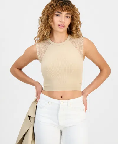 Guess Juniors' Millie Seamless Lace Sweater Crewneck Top In Brown