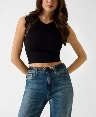 Guess Juniors' Millie Seamless Lace Sweater Crewneck Top In Black