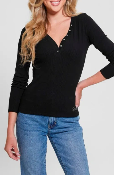 Guess Kyra Rib Three-quarter Sleeve Henley In Jet Black