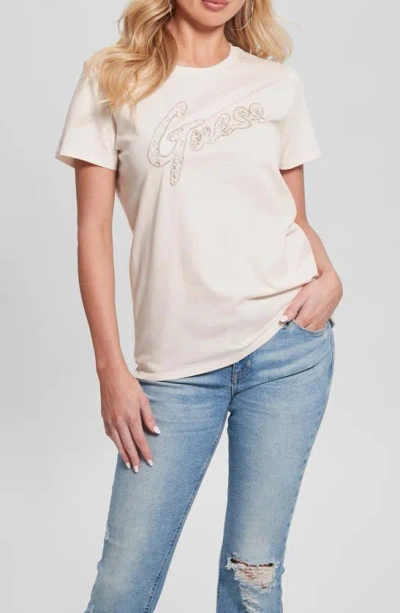 Guess Lace Logo Organic Cotton Graphic T-shirt In Cream White