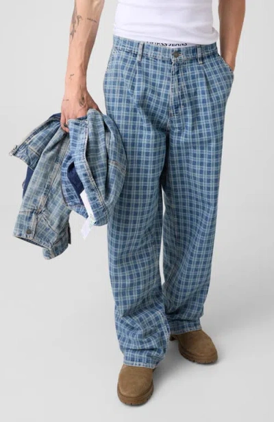 Guess Laser Plaid Pleated Super Baggy Jeans In Blue