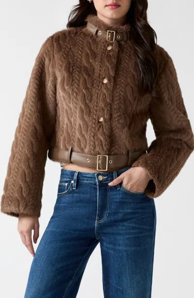 Guess Laura Braided Faux Fur Cropped Jacket In Brown