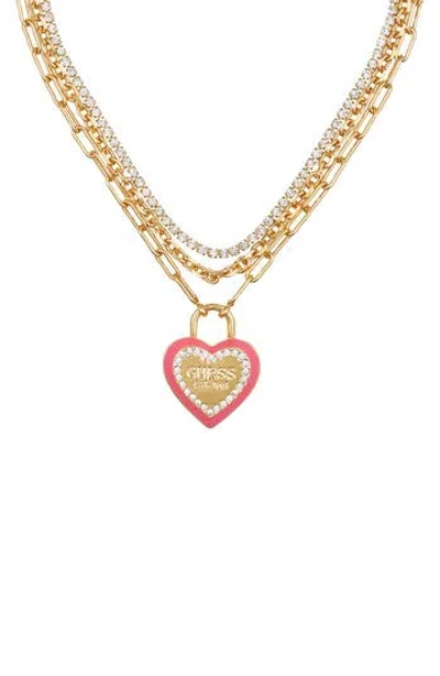 Guess Layered Pavé Heart Charm Necklace In Gold
