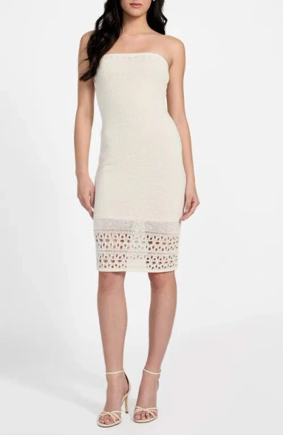 Guess Leah Open Stitch Strapless Organic Cotton Blend Dress In White
