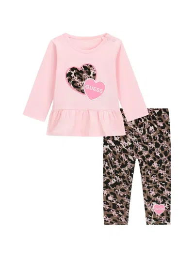 Guess Babies' Leopard-print T-shirt And Trousers Set In Pink