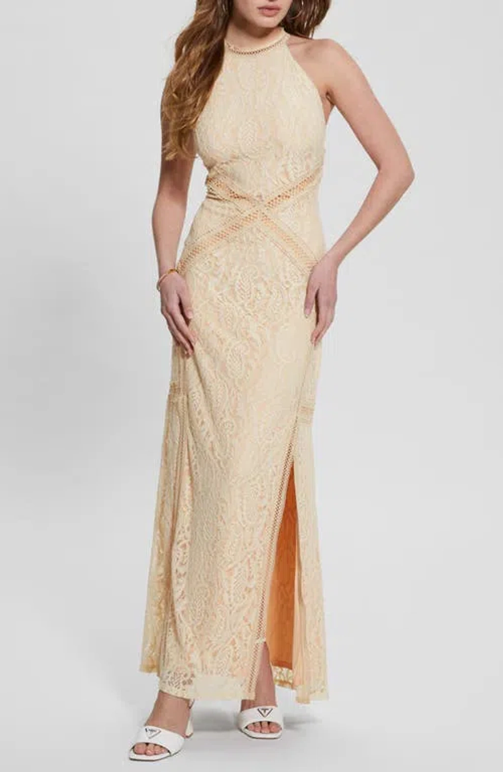 Guess Women's New Liza Lace Halter Sleeveless Gown In Pearl Oyster |  ModeSens