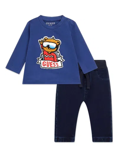 Guess Baby Boy Long Sleeve T-shirt And Knit Denim Pant, 2- Piece Set In Blue