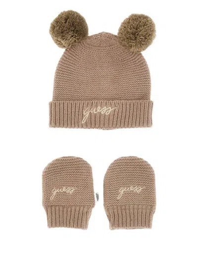 Guess Babies' Logo-embroidered Beanie Set In Brown