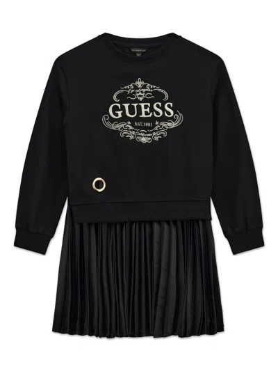 Guess Kids' Logo-embroidered Pleated Dress In Black