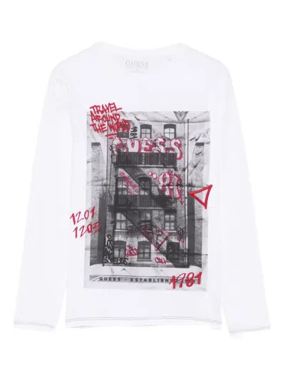 Guess Kids' Logo-print Embroidered Top In White