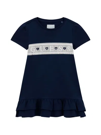 Guess Kids' Logo-print Ruffled Dress In Blue