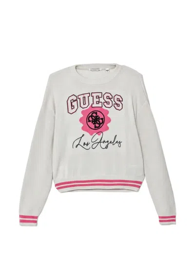 Guess Kids' Logo-embroidered Striped-trim Sweater In White