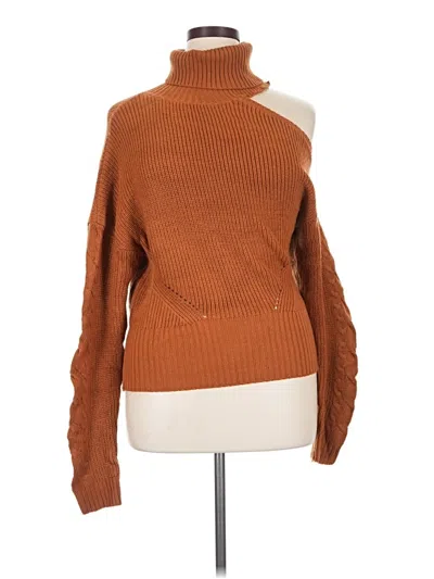 Pre-owned Guess Long Sleeve Top Brown Solid Pattern Turtleneck Tops
