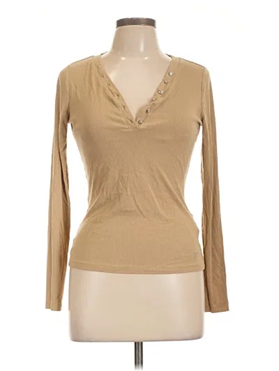 Pre-owned Guess Long Sleeve Top Tan Open Neckline Tops