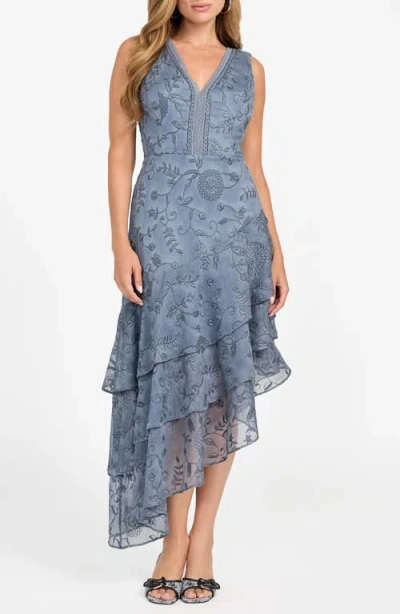 Guess Loren Floral Embroidered Sleeveless Tiered Asymmetric Dress In Blue