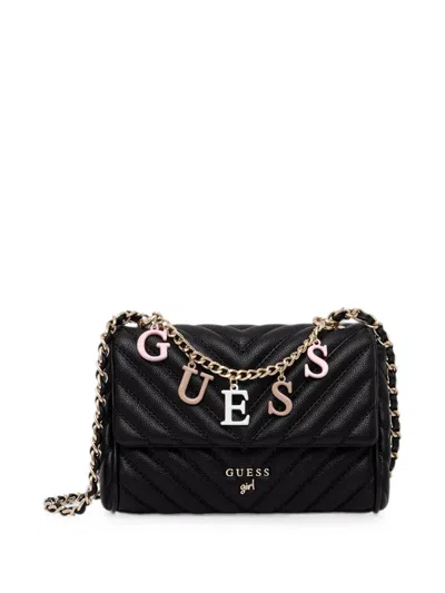 Guess Kids' Maddie Chevron-quilted Letter-charm Cross Body Bag In Black