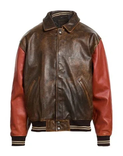Guess Man Jacket Dark Brown Size L Cow Leather In Multi