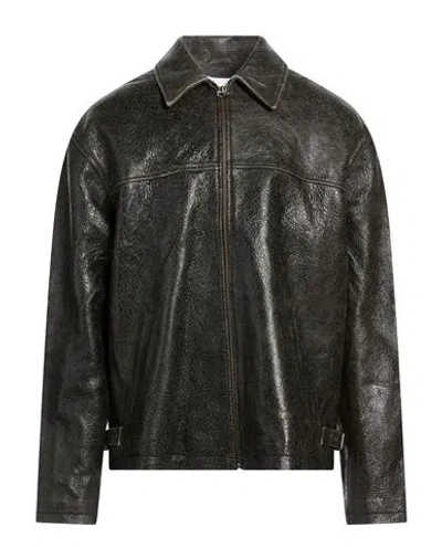 Guess Man Jacket Dark Brown Size L Lambskin In Black