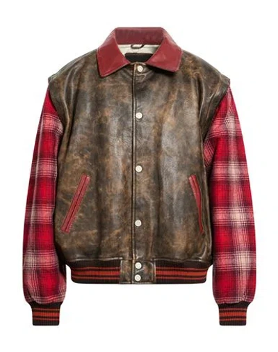 Guess Man Jacket Red Size L Cow Leather, Polyester, Wool, Acrylic In Multi