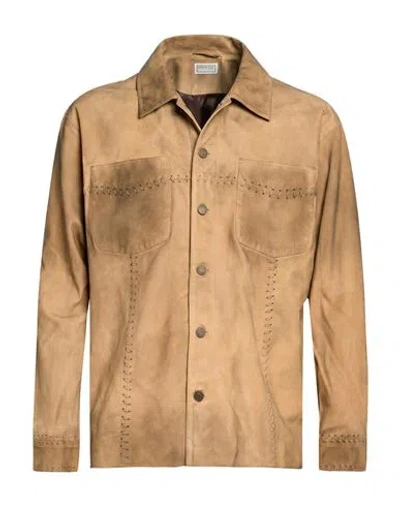 Guess Man Jacket Tan Size L Leather In Brown