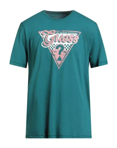Guess Man T-shirt Deep Teal Size Xxl Organic Cotton, Cotton In Green