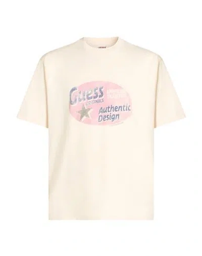 Guess Man T-shirt Ivory Size L Cotton In Neutral