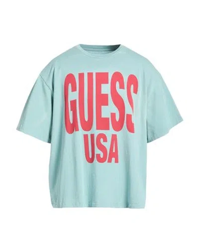 Guess Man T-shirt Turquoise Size L Cotton In Blue