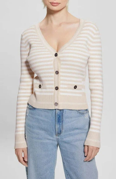 Guess Marti Stripe Rib Cardigan In Pearl Oyster Multi